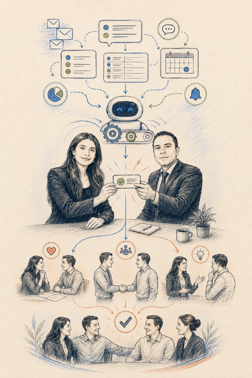 Personas e inteligencia artificial colaborando con tareas diferenciadas